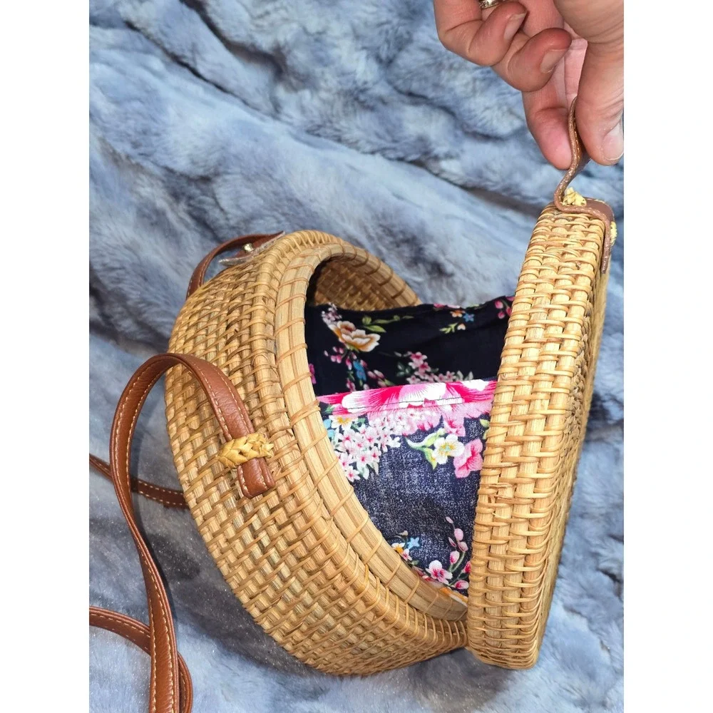 Handmade Round Rattan Crossbody Bag Floral Lining Woven Straw Boho Canteen Purse